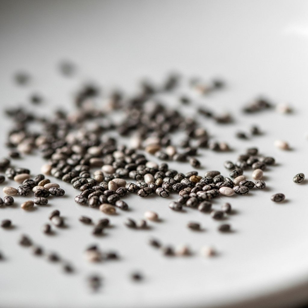 Close-up of dry black and white chia seeds spread on a smooth ceramic surface with shallow depth of field, showing individual seed texture