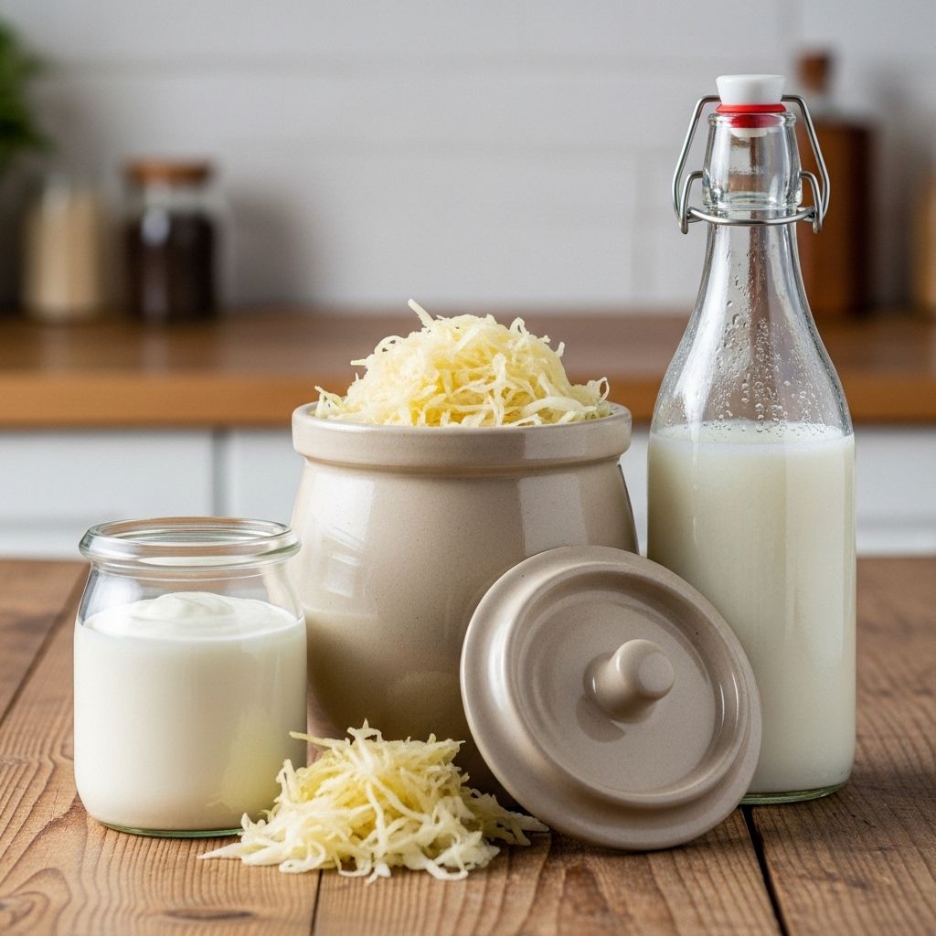 Assortment of naturally fermented foods including a jar of plain yogurt, a ceramic crock with sauerkraut, and kefir in a glass bottle on a wooden kitchen counter
