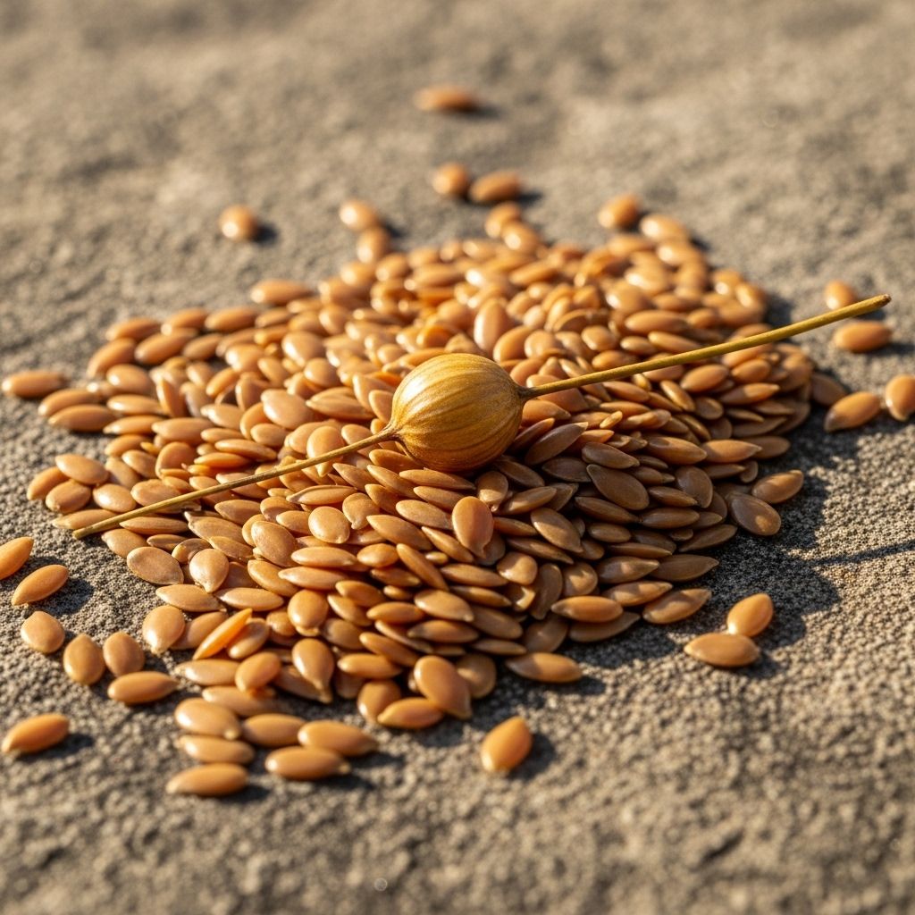 Golden-brown flaxseeds scattered on a rough stone surface with a few whole flax capsules, side-lit to emphasize the texture and warm earthy tones